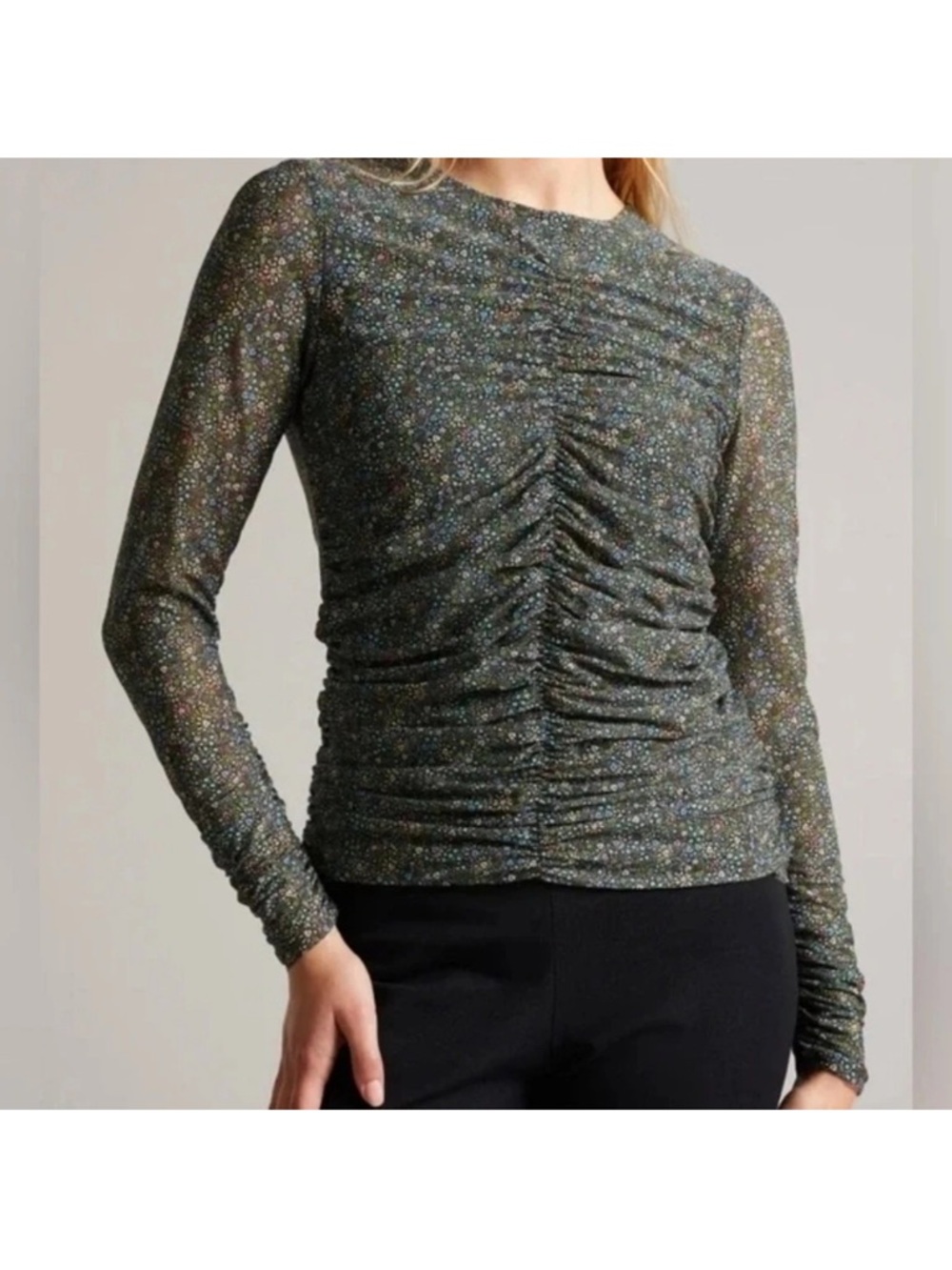 Ted Baker Olive Green Floral Ruched Mesh Long Sleeve Top